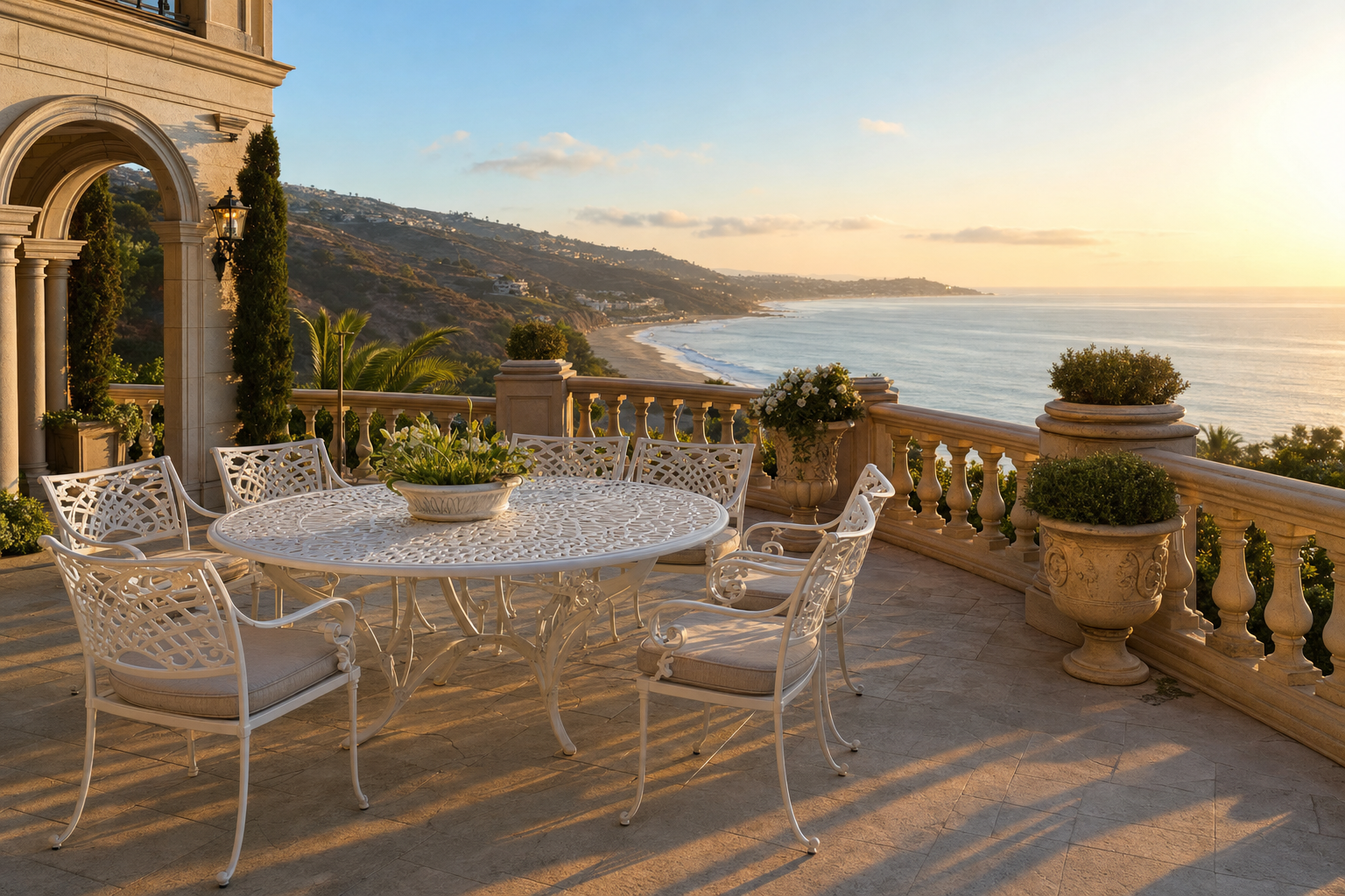 Beautifully restored powder-coated outdoor furniture on a Malibu clifftop estate terrace