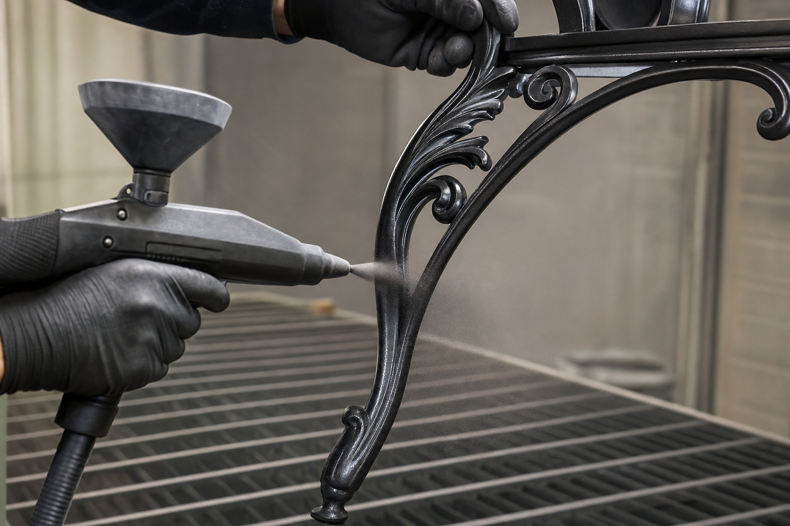 Craftsman applying precision powder coat finish to ornate wrought iron furniture