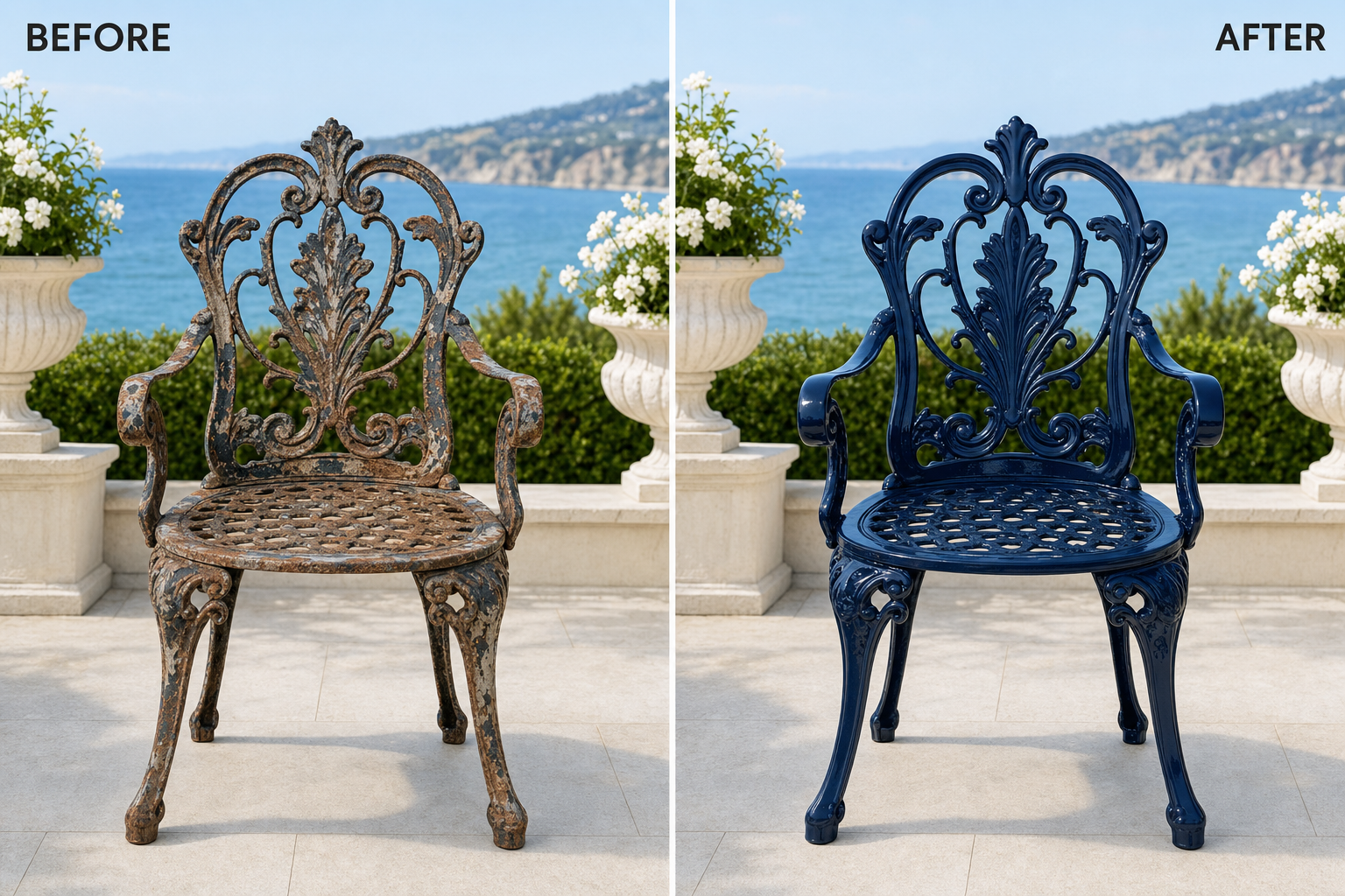 Before and after comparison of iron outdoor chair — weathered rust versus flawless navy powder coat